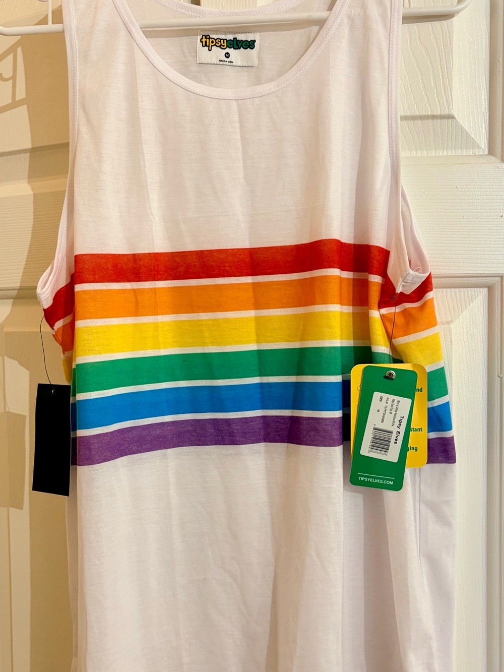 Tipsy Elves White Tank Top with Rainbow Stripes Med